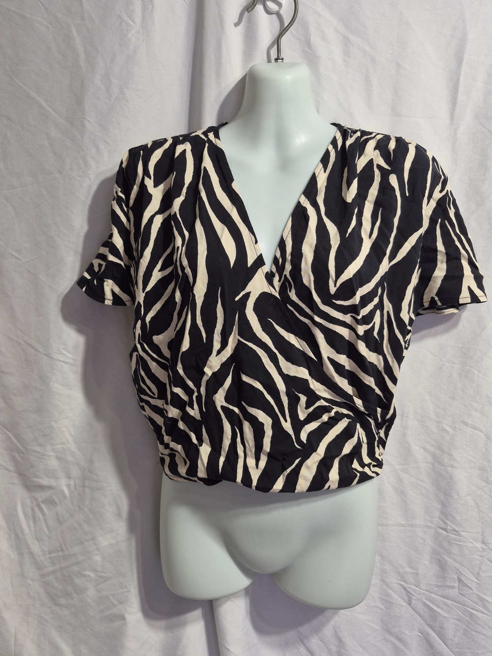 Zebra-Print Black & Cream Cropped Wrap Top, Size Small